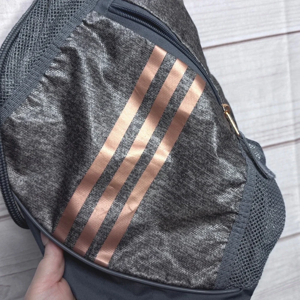 Adidas Drawstring Cinch Bag Grey Navy Rose Gold Metallic Stripes Sackpack Gym - Picture 4 of 7